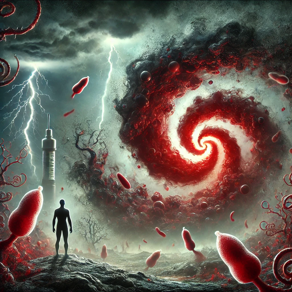 DALL·E 2024-07-03 14.17.34 - A dramatic, eerie scene depicting the concept of Diabetic Ketoacidosis (DKA). The background features a dark, stormy sky with lightning bolts, symboli